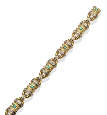 Lot 341 - ~ An Emerald and Diamond Bracelet, with textured links each set with a round cut emerald centrally