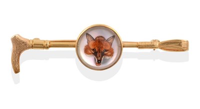 Lot 648 - An Essex Crystal Fox and Riding Crop Brooch, painted depicting a fox head, on a mother-of-pearl...