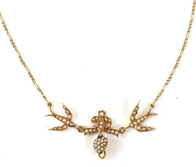 Lot 655 - An Early 20th Century Seed Pearl Necklace, a ribbon tied heart pendant spaced by two swallows,...