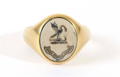 Lot 656 - An 18 Carat Gold Sardonyx Intaglio Signet Ring, an oval intaglio seal engraved with heraldic emblem