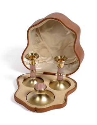 Lot 431 - A Silver Gilt and Rose Quartz Writing Table Set, Levi & Salaman, Birmingham 1911, comprising a pair