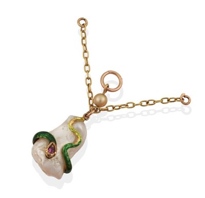 Lot 721 - A Circa 1890 Pearl and Enamel Pendant, a baroque pearl with an applied coiled snake, in green...