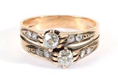 Lot 722 - A Double Diamond Ring, two fused bands, each with a principal old cut diamond, to diamond set...