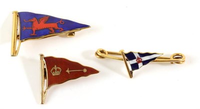 Lot 727 - A 9 Carat Gold Enamel Royal Anglesey Yacht Club Burgee Brooch, a Royal Dart Yacht Club Burgee...