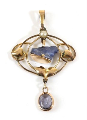 Lot 728 - An Art Nouveau Sapphire and Pearl Pendant, a carved sapphire bird suspended within a pearl set...