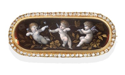 Lot 736 - A French Enamel and Diamond Brooch, an oval plaque enamelled depicting three putto amongst flowers