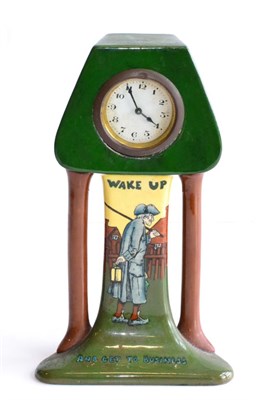 Lot 474 - Frederick Rhead for Foley Pottery: An Intarsio Mantel Clock, circa 1897-1900, titled WAKE UP...