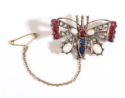 Lot 745 - A Gem Set Butterfly Brooch, with ruby, opal and rose cut diamond set wings and a ruby and...