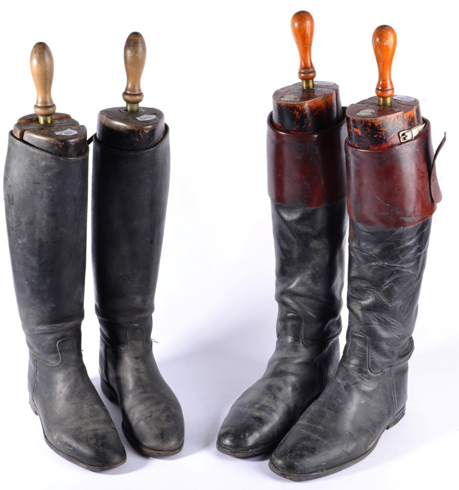 Lot 381 - A Pair of Black Leather Riding Boots, with brown tops and Tom Hill London boot trees; and A Pair of