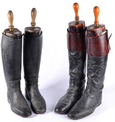 Lot 381A - A Pair of Black Leather Riding Boots, with brown tops and Tom Hill London boot trees; and A Pair of