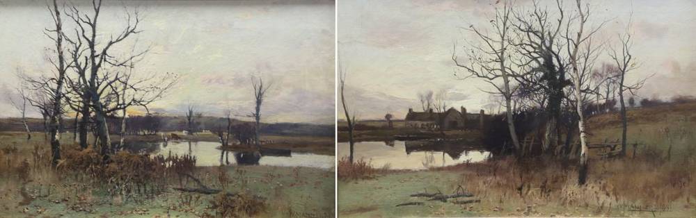 Lot 1005 - William Manners RBA (exh.1890-1920) Cattle watering in a Winter landscape at dusk  Winter landscape