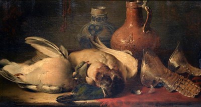 Lot 1008 - William Duffield (1816-1863) Still life of pigeon, duck, stoneware flagons and armoured wrist...