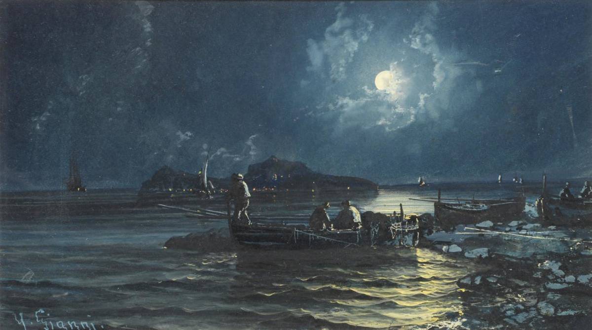 Lot 1013 - * Gianni (19th/20th century)  Fishing boats moored at a rocky cove by moonlight Signed,...