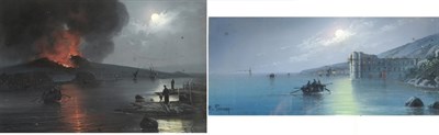 Lot 1014 - * Gianni (19th/20th century)  Nocturne view of the Bay of Naples and Vesuvius erupting Signed,...