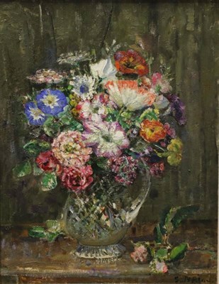 Lot 1015 - Emily Beatrice Bland (1864-1951) Still life of assorted flowers in a cut glass jug Signed, oil...