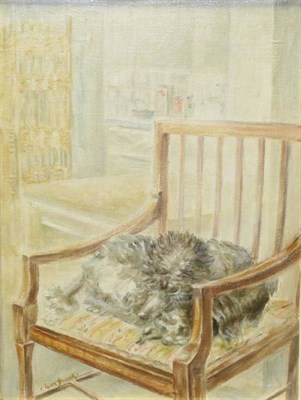 Lot 1017 - Owen Bowen ROI, PRCamA (1873-1967)  Poodle asleep on a chair  Signed, oil on canvas, 39.5cm by 29cm