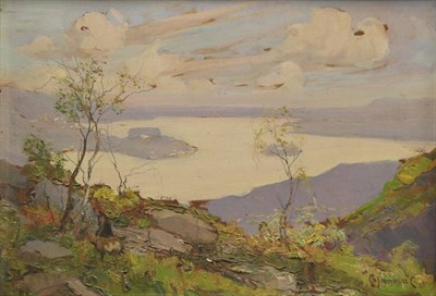 Lot 1018 - Carlo Casanova (1871-1950) Italian View of Lake Orta  Signed, oil on board, 33.5cm by 48.5cm...