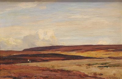 Lot 1021 - Owen Bowen ROI, PRCamA (1873-1967)  Figures traversing a moorland  Signed, oil on canvas, 27.5cm by