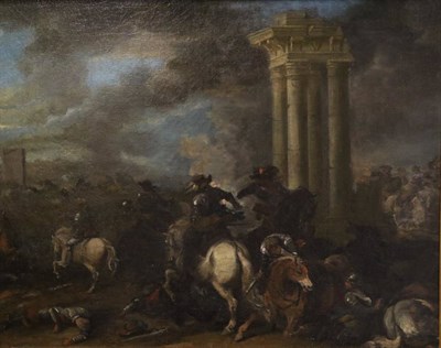 Lot 1029 - Manner of Pieter Wouwerman (1623-1682) Horse mounted battle before ruined Classical pillars  Oil on