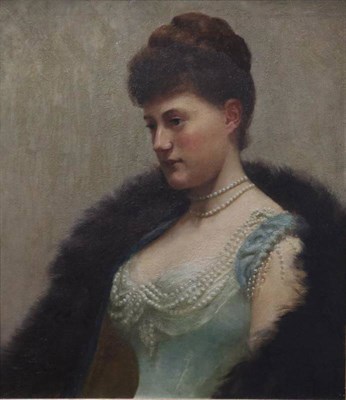 Lot 1030 - Follower of Luke Fildes (1843-1927) Portrait of an elegant lady, head and shoulders, wearing a...