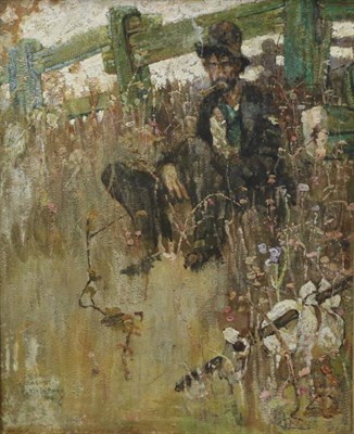 Lot 1038 - Stephen Baghot de la Bere (1877-1927) A traveller resting at the edge of a field smoking a pipe...