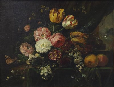 Lot 1040 - Manner of SP Verelst (1644-1721) Dutch Still life of assorted flowers arranged on a table with...