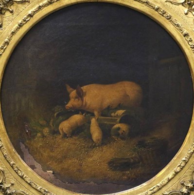 Lot 1041 - Thomas Weaver (1775-1884) Pig and piglets in a stable Oil on canvas, 39cm dia. (tondo)