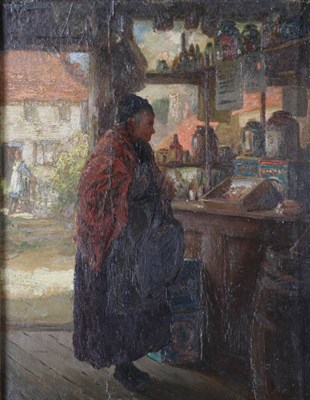 Lot 1044 - Allan Douglas Davidson (1873-1932) Lady wearing a red shawl in a village shop  Signed, oil on...