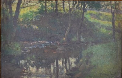 Lot 1051 - Samuel John Lamorna Birch (1869-1955) Sunlit woodland river  Signed, oil on panel, 15.5cm by 23cm