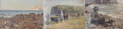 Lot 1056 - James William Booth (1867-1953) Figure mending nets on a beach Signed, oil on board, together...