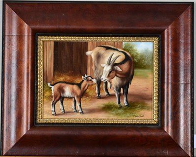 Lot 1073 - Carl Whitfield (b.1958)  Goat and kid in a farmyard Signed, oil on panel, 11.5cm by 16cm   Artist's