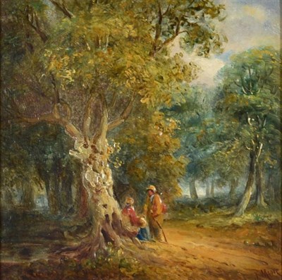Lot 1074 - John Moore (19th century)  Figures in woodland Signed, oil on panel, 15cm by 15cm