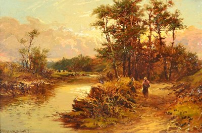 Lot 1076 - William Manners RBA (exh.1890-1920) Figures pausing on a riverside pathway  Signed and dated...