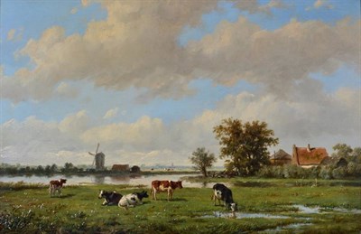 Lot 1085 - A* Wangaerdt (19th century) Dutch  Cattle grazing in a landscape with windmills  Signed, oil on...