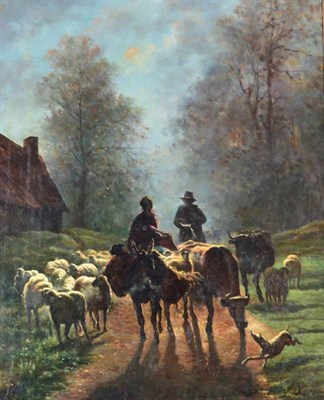 Lot 1092 - Attributed to Jules Dupr‚ (1811-1889) ''Moonlit lane with drovers and animals''  Signed, oil...