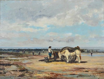 Lot 1094 - L‚once Chabry (1832-1883)  Seaweed gatherers on a shore  Signed, oil on panel, 26cm by 34cm