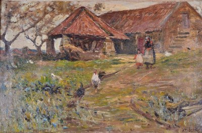 Lot 1096 - James William Booth (1867-1953) Two figures in a farmyard with chickens Signed, oil on canvas,...