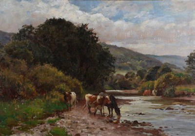 Lot 1099 - Edwin Bottomley (1865-1929) Cattle watering  Signed and dated 1901, oil on canvas, 39cm by 60cm