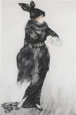 Lot 1109 - Louis Icart (1888-1950) Elegant lady in black Signed in pencil, etching with some colouring,...