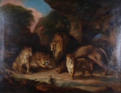 Lot 1110 - Follower of William Huggins (1781-1845) A pride of lions in their den Oil on canvas, 68.5cm by...