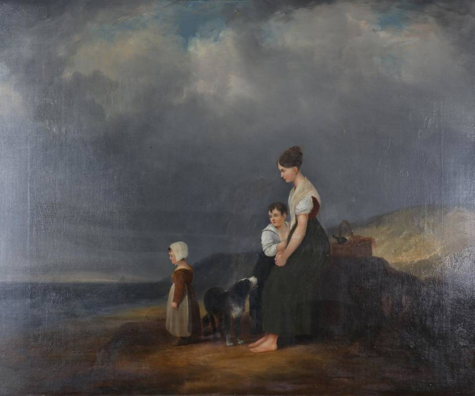 Lot 1116 - Follower of George Morland (1763-1804) Fisherwoman and young family on a shore, looking out to...