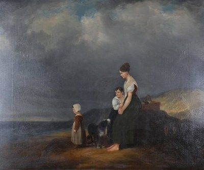 Lot 1116 - Follower of George Morland (1763-1804) Fisherwoman and young family on a shore, looking out to...