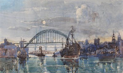 Lot 1119 - W G Thompson (19th/20th century) Shipping by moonlight Newcastle-upon-Tyne Inscribed verso and...