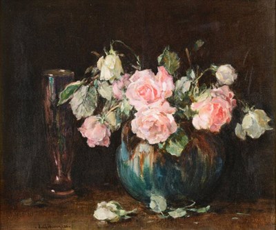 Lot 1120 - Owen Bowen ROI PRCamA (1873-1967)  Still life of pink and white roses in a green glazed vase Signed