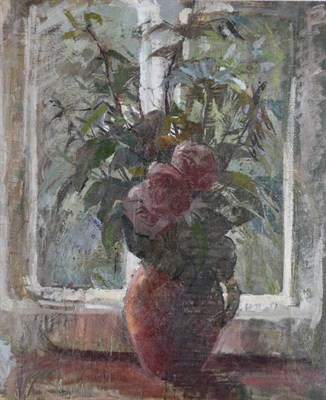 Lot 1121 - Constance-Anne Parker (1921-2016) Still life of red peonies in an earthenware jug before a...
