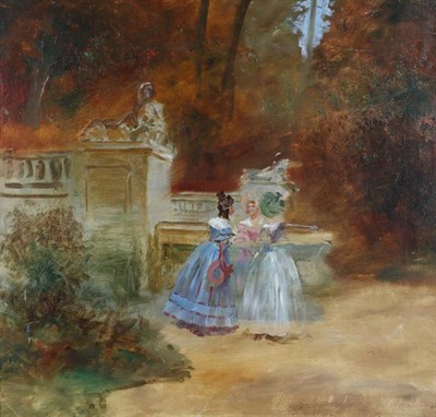 Lot 1122 - Theodore Roussel (1847-1926) French Victorian ladies in fine attire gathered in a park signed...