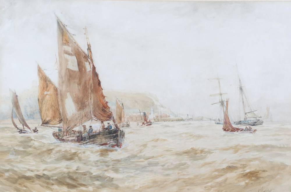 Lot 1124 - Frank Saltfleet (1859-1937) Shipping off Scarborough  Signed, watercolour, 48cm by 73cm