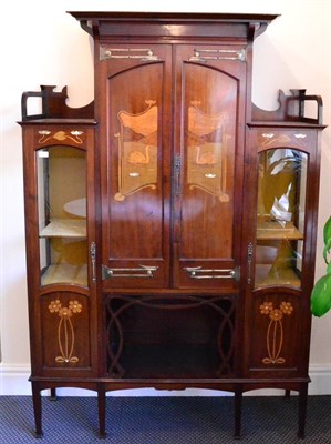 Lot 619 - An Art Nouveau Mahogany and Marquetry Inlaid Display Cabinet, circa 1900, the central section...