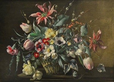 Lot 1140 - Terence Loudon (exh.1921-1940) Still life of tulips, carnations, roses, anemones, and poinsetta...