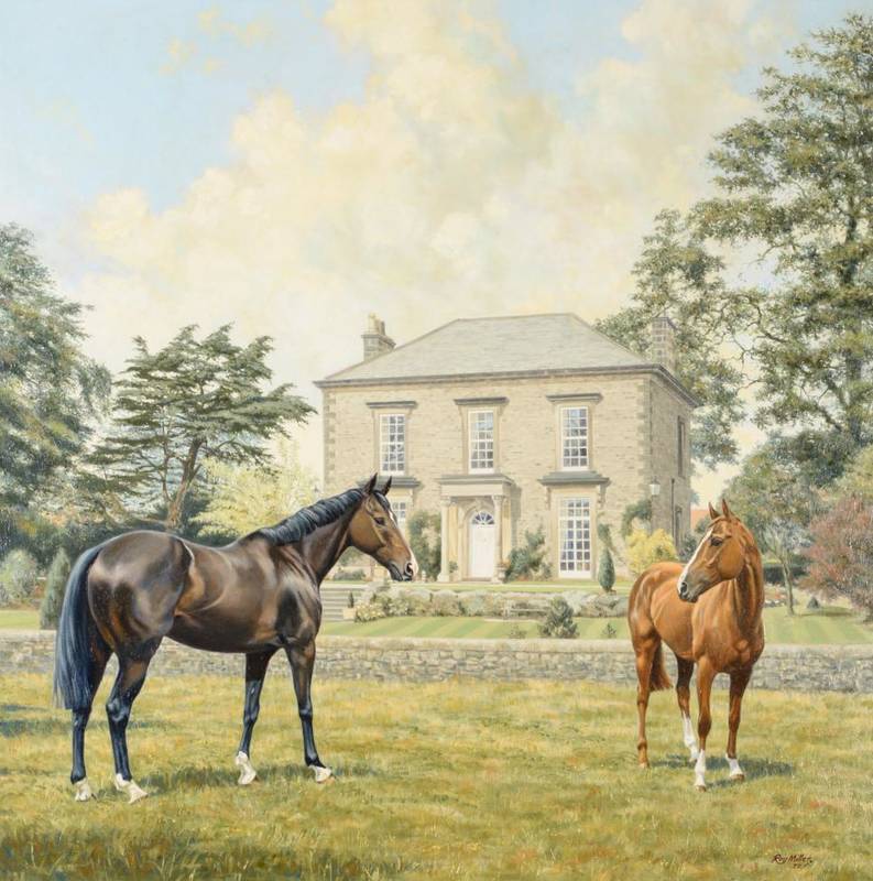 Lot 1147 - Roy Miller (b.1938) Horses before a country house Signed and dated (19)77, signed, inscribed...